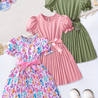 3pcs Set of Girls' Summer Creative Butterfly And Solid Color Puff Sleeve Stitching Pleated Hem Suitable for Party Outings And Casual Dresses