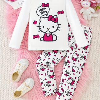 Spring/Autumn New Arrival Sanrio Hello Kitty Cute Print White Long-Sleeve Top + All-Over Print Slim-Fit Long Pants