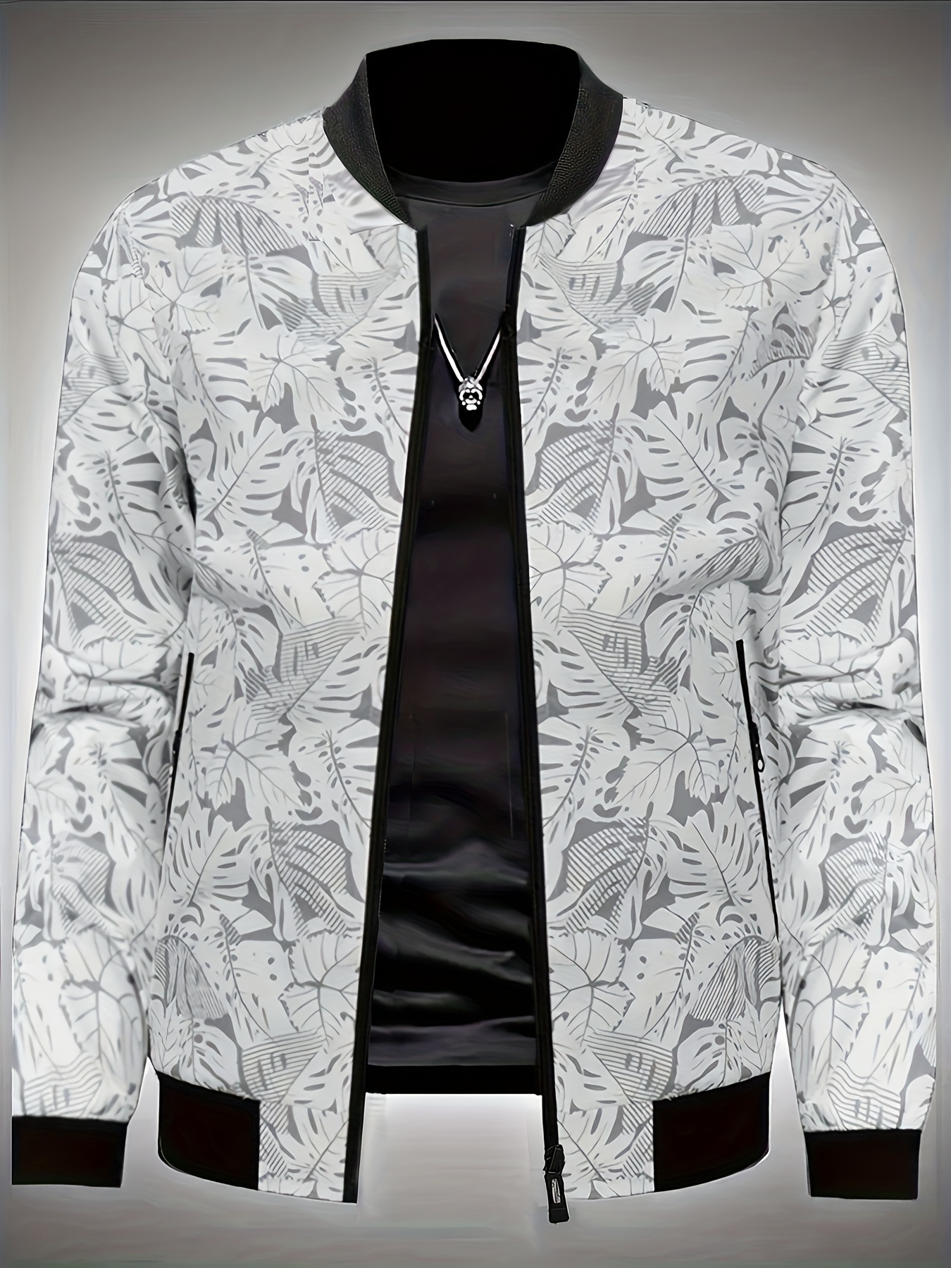 Men'S Fashion Print Casual Sports Jacket with Baseball Collar, Long Sleeve, Pocket, All-Over Print, Non-Stretch, Regular Fit, Zipper Closure, Conventional Contour, Lining, Weekend Casual Wear