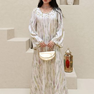 Plus Size - Plus Size - Plus Size Women'S New Middle Eastern Dubai Style Robe, Luxurious Heavy Golden Thread Decor Tie-Dye Printed Long Dress, Round Neck/Long Sleeve, High-End Temperament Vacation Style, Loose Fit, Looking Light And Flowing
