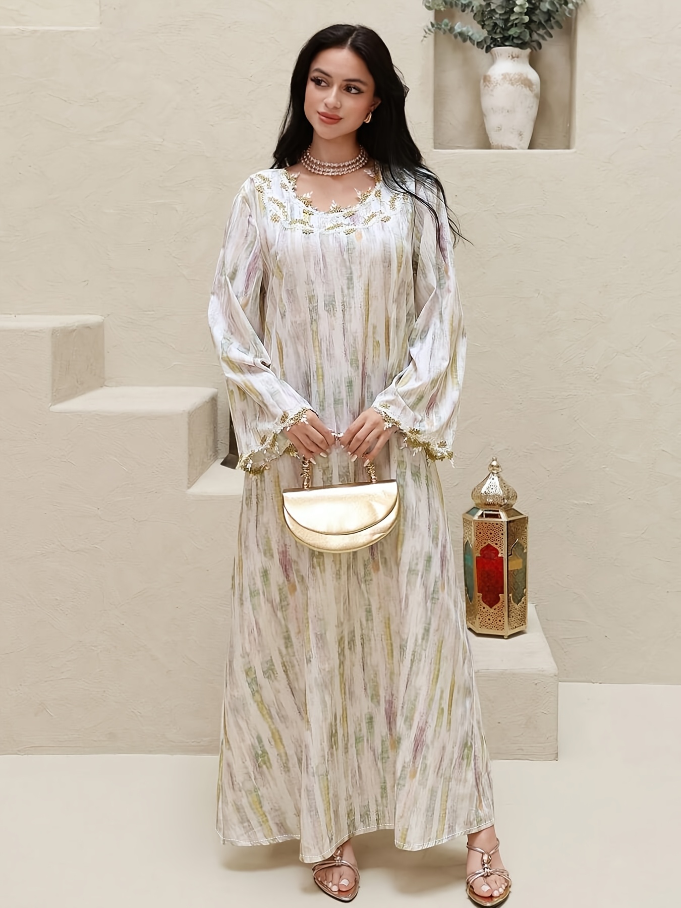 Plus Size - Plus Size - Plus Size Women'S New Middle Eastern Dubai Style Robe, Luxurious Heavy Golden Thread Decor Tie-Dye Printed Long Dress, Round Neck/Long Sleeve, High-End Temperament Vacation Style, Loose Fit, Looking Light And Flowing