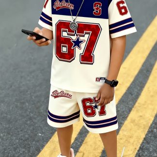 This 2pcs Set for Boys Features a Short-sleeved T-shirt with Creative 67-star Patterns, Stripe Designs and Slogan Prints, Paired with Comfortable Shorts. It's a Fashionable and Casual Outdoor Sportswear Set for Boys., Perfect for Outdoor
