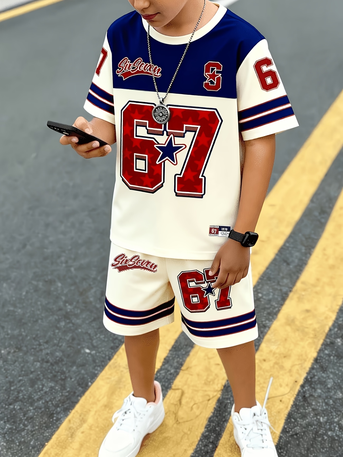 This 2pcs Set for Boys Features a Short-sleeved T-shirt with Creative 67-star Patterns, Stripe Designs and Slogan Prints, Paired with Comfortable Shorts. It's a Fashionable and Casual Outdoor Sportswear Set for Boys., Perfect for Outdoor