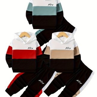 Boys' Patchwork Letter Print "Kiug" Hooded Fashion Sweatshirt 2pcs Set Red, Bean Green, Khaki 3-Color Outfit, for Outdoor