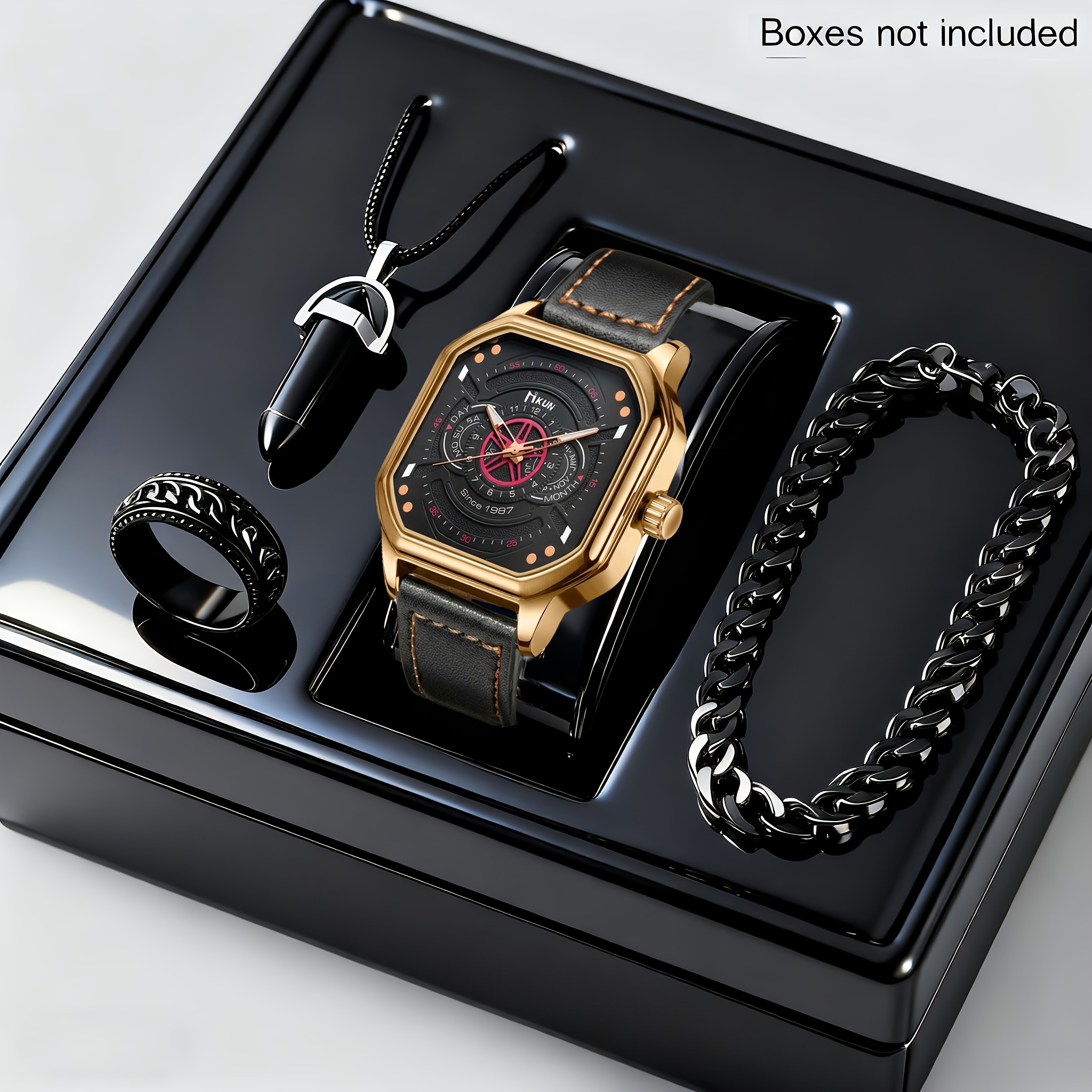 4pcs Men's Fashionable and Elegant Watch Set with Versatile Bracelet, Ring, and Necklace - The Perfect Gift for Him on Father's Day or Birthday - Image 5