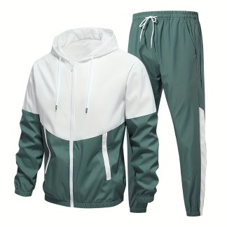 Men'S Casual Sports Set, Spring/Autumn Hooded Jacket And Pants, 2pcs Stylish Athletic Suit, Youth Fashion Trend, Color Block Design
