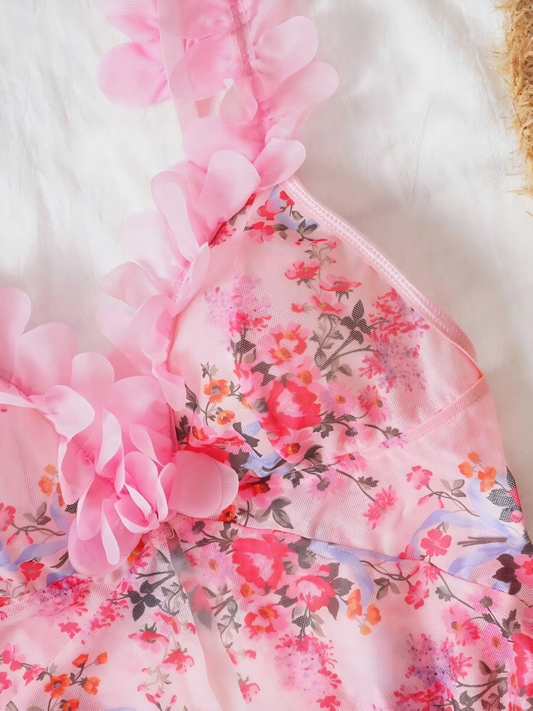 Elegant Floral Print Nightgown Set - 2pcs Sexy Mesh 3D Floral Strapless Nightgown And Complimentary Low-Rise Panties Cherry Blossom Petal-Adorned Straps Soft, Lightweight, High-Quality Fabric Creates a Cozy And Inviting Atmosphere - Image 5