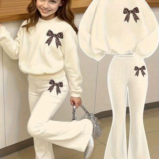 2pcs Set, Girls' Autumn/Winter New Long-Sleeve Pants Outfit, Round Neck Bow Print Top + Slim Flared Pants, Leopard Print Contrast Design, for 8-12 Years Old/Girls/Outdoor Sports/Casual Gatherings/Fashion Wear, Perfect for Outdoor