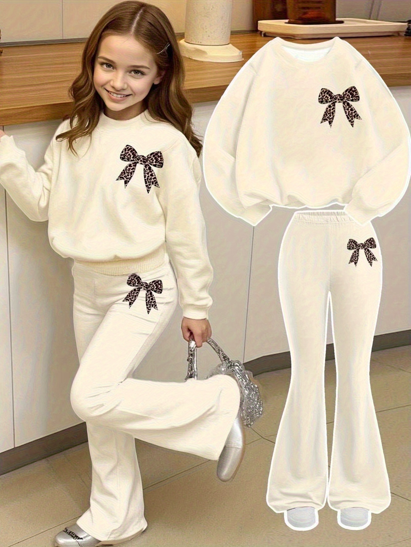 2pcs Set, Girls' Autumn/Winter New Long-Sleeve Pants Outfit, Round Neck Bow Print Top + Slim Flared Pants, Leopard Print Contrast Design, for 8-12 Years Old/Girls/Outdoor Sports/Casual Gatherings/Fashion Wear, Perfect for Outdoor