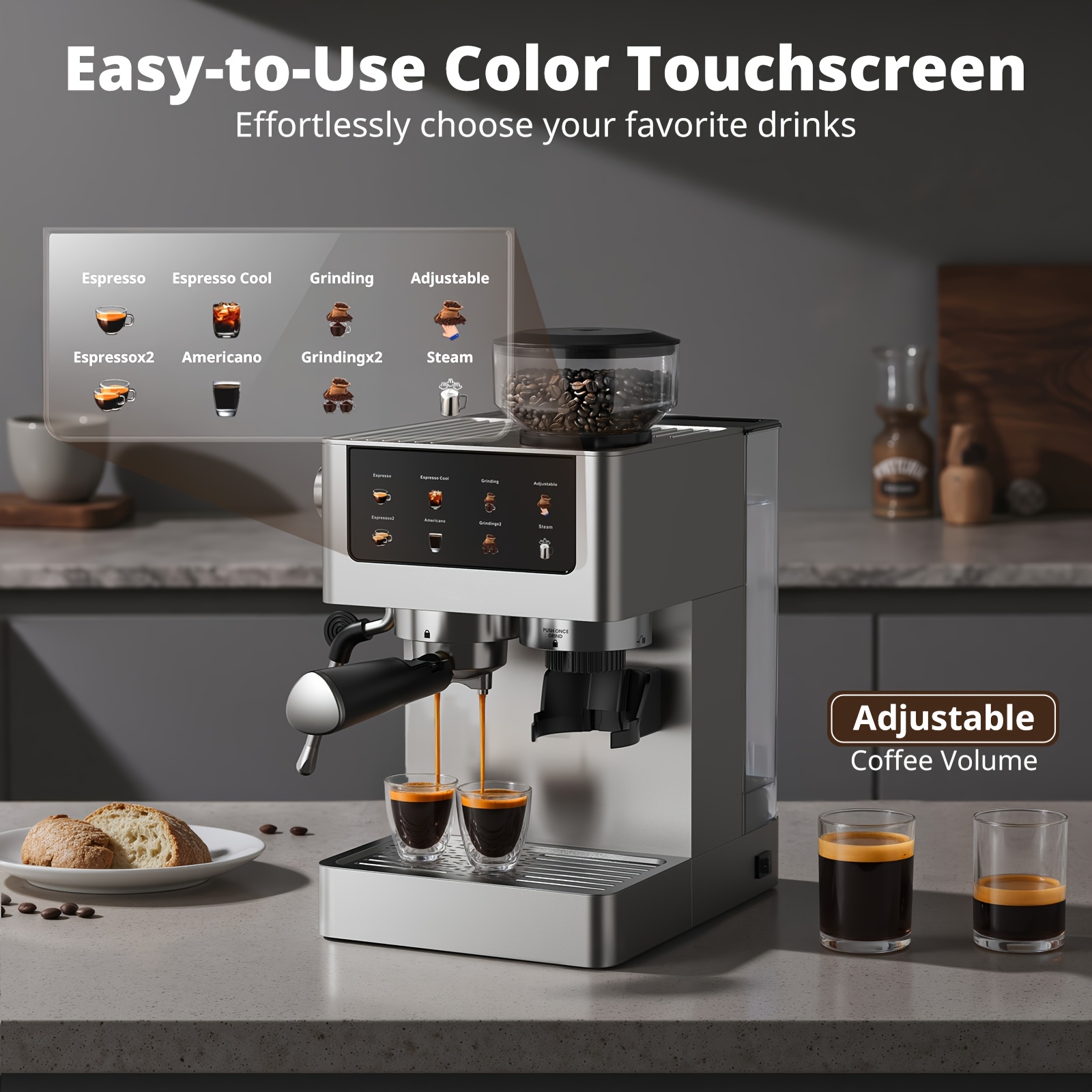 All-in-One Espresso Machine: 20-bar Italian Coffee Maker with Adjustable Grinder, Dual Boiler, Steam Wand, And LCD Touch Screen. Ideal for Latte, Cappuccino, Iced Coffee, Americano, And Espresso.