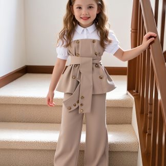 Color-Blocking Girls' Pantsuits for More Choices for Girls, Slim Princess Puff Sleeves Classic Color-Blocking Design, Flared Wide-Leg Pants Are Lively, Beautiful Suits Comfortable Clothing, Durable Clothing Girls' Back-To-School Clothes, for Outdoor