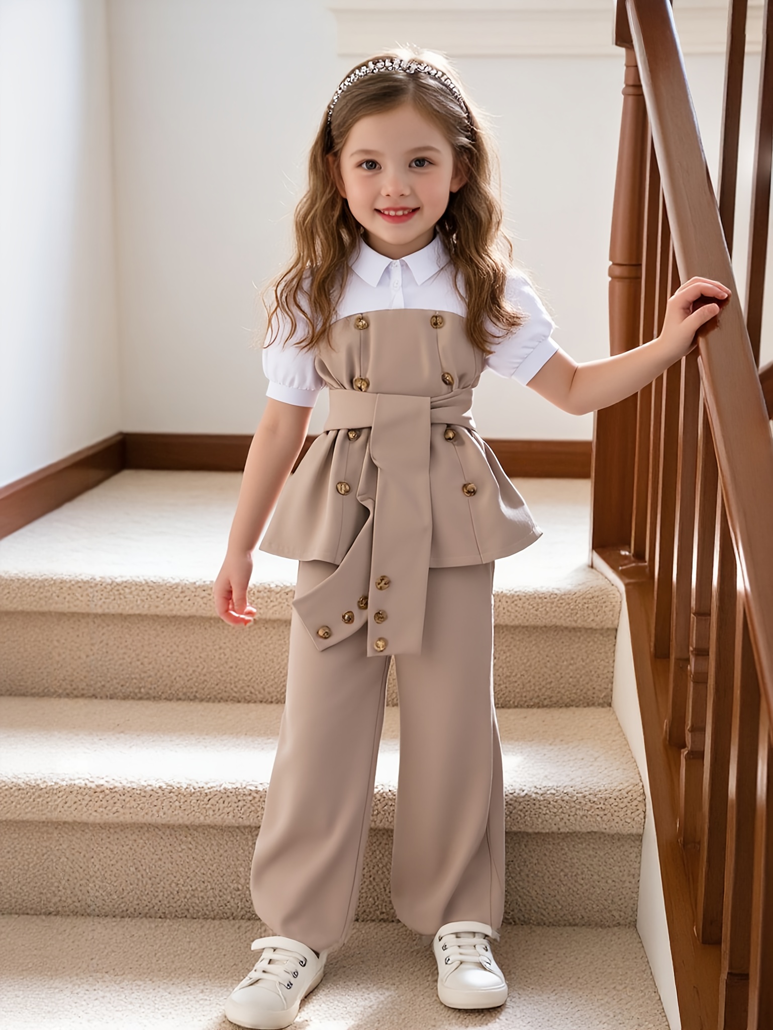 Color-Blocking Girls' Pantsuits for More Choices for Girls, Slim Princess Puff Sleeves Classic Color-Blocking Design, Flared Wide-Leg Pants Are Lively, Beautiful Suits Comfortable Clothing, Durable Clothing Girls' Back-To-School Clothes, for Outdoor