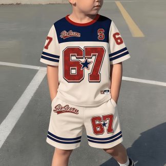 2pcs Set, 1- Infant Boys 67 Number Letter Striped Print Contrast Short Sleeve And Number Letter Striped Print Shorts Outfit, Suitable for Spring Summer Outdoor Leisure Sports, Kids' Gift, for Outdoor