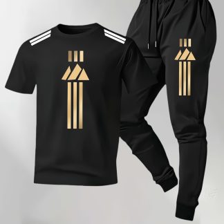 New Men'S Short Sleeve And Long Pants 2pcs Set, Sharp Shoulder Stripes with Golden Gradient Geometric Pattern Print, Premium Athletic Feel, Loose And Non-Restrictive Fit for Light Exercise, Daily Commute, Home Relaxation