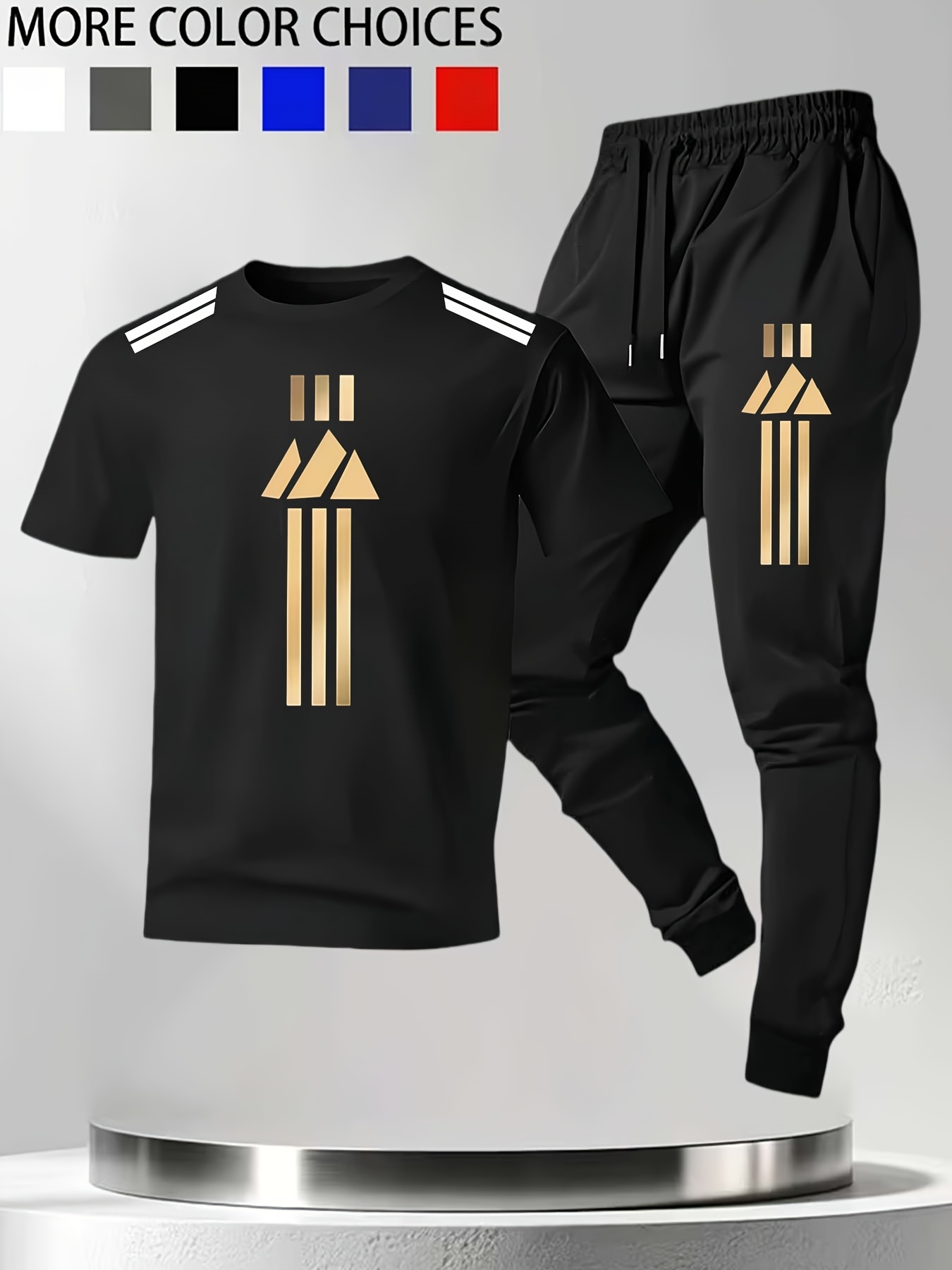 New Men'S Short Sleeve And Long Pants 2pcs Set, Sharp Shoulder Stripes with Golden Gradient Geometric Pattern Print, Premium Athletic Feel, Loose And Non-Restrictive Fit for Light Exercise, Daily Commute, Home Relaxation