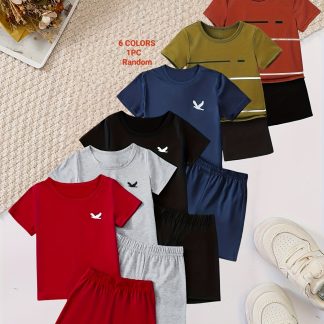 6-Color Random 1pc Boys' Fashion Eagle Print Short Sleeve T-Shirt + Shorts Set, Ultra-Soft Fabric, Comfortable and Wrinkle-Resistant, Summer Essential, Perfect for Outdoor