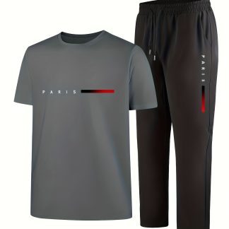 Men'S Casual Athletic 2pcs Short Sleeve Top And Straight Pants Outfit, Print Pattern Fashion Trendy