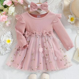 Baby'S Bow Decor Flower Embroidery Mesh Splicing Long Sleeve Dress And Hairband, Infant And Toddler Girl'S Dress for Daily Wear/Holiday/Party, As Gift
