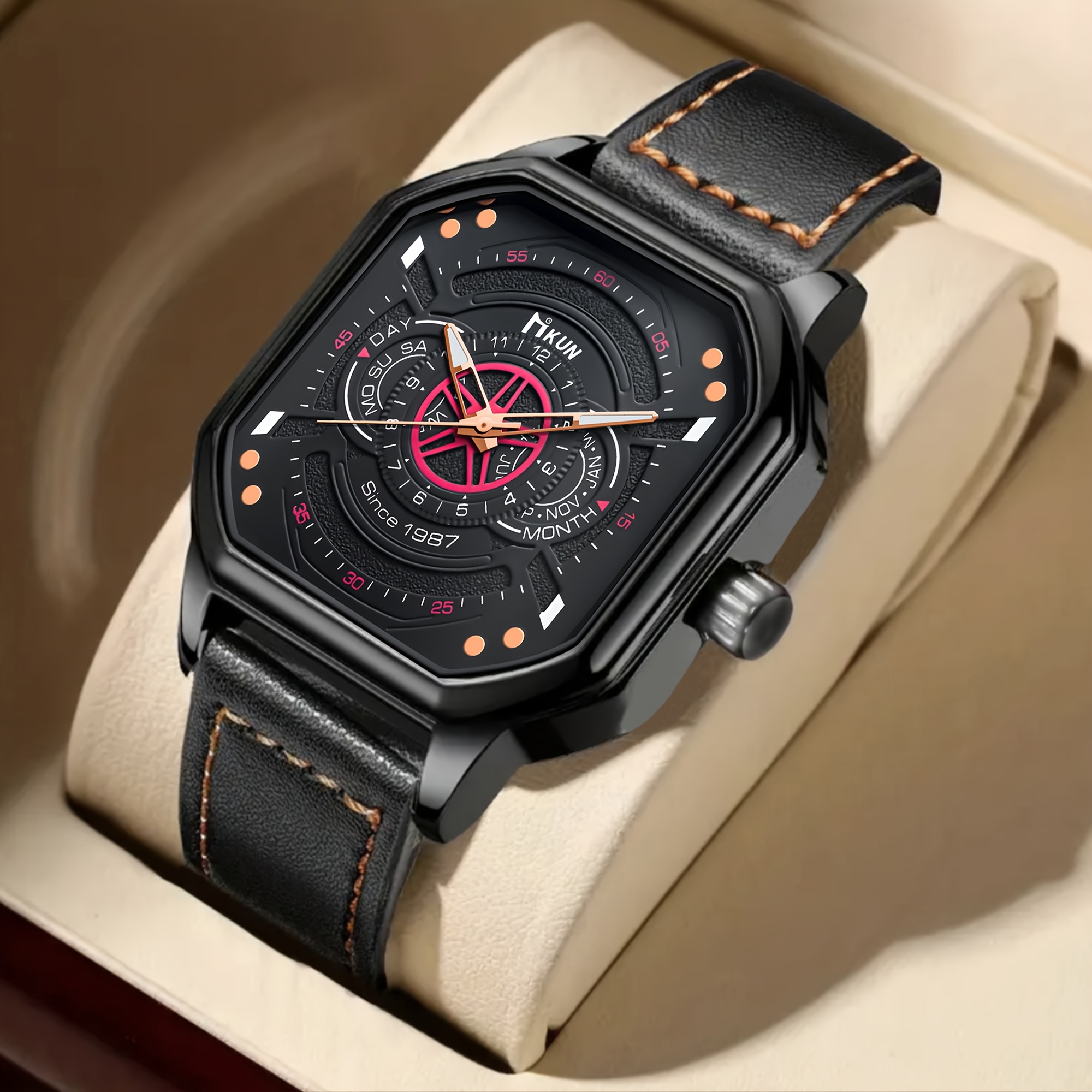 4pcs Men's Fashionable and Elegant Watch Set with Versatile Bracelet, Ring, and Necklace - The Perfect Gift for Him on Father's Day or Birthday - Image 6