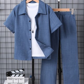 2pcs Set for Big Boys: All-Season Wearable Solid Color Woven Fashion Casual Lapel Short-Sleeve Shirt + Elastic Waistband Pants with Slant Pockets. Suitable for Outdoor Activities, Back-to-school Season, Graduation Season, Weddings, Parties