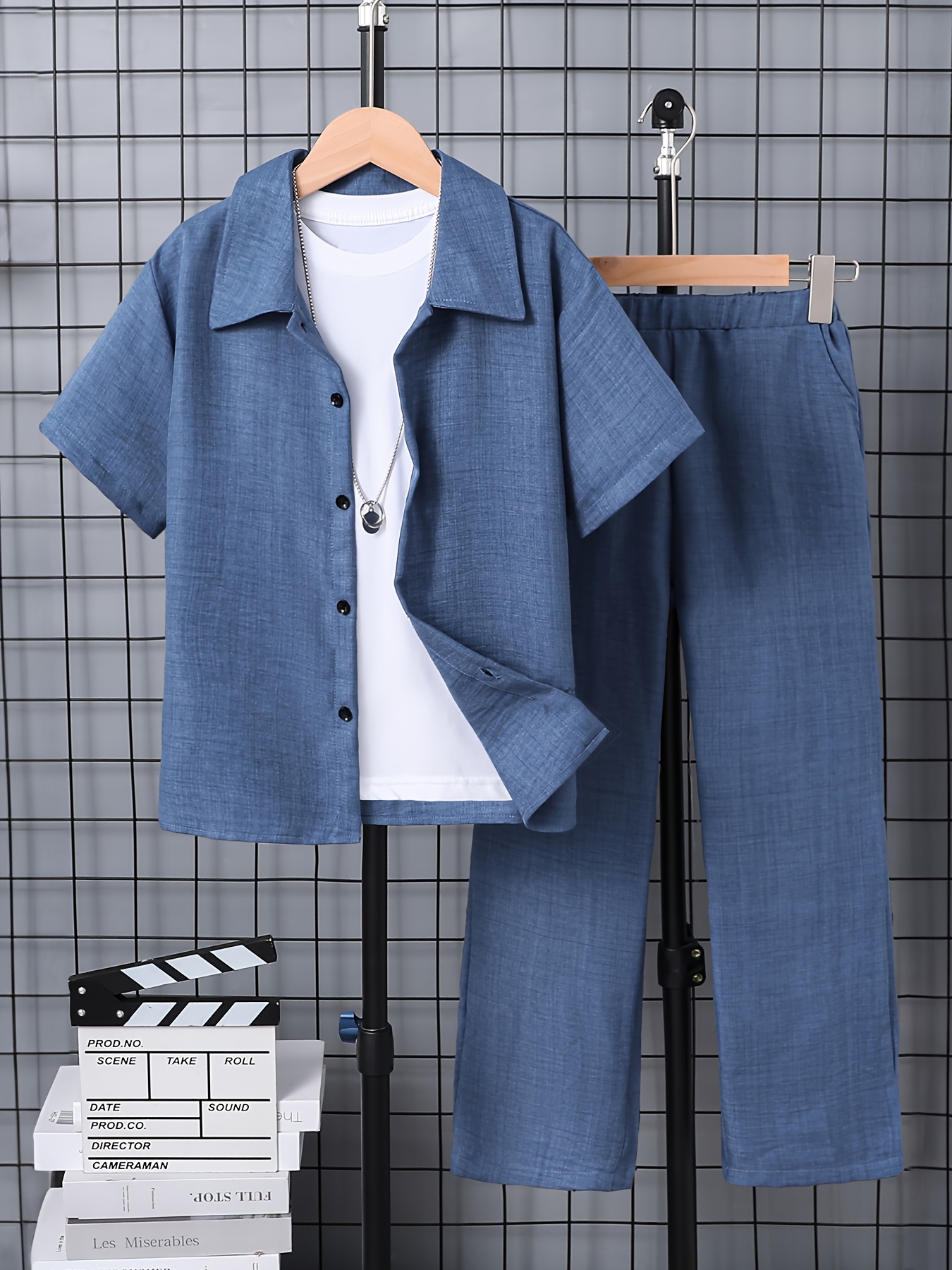 2pcs Set for Big Boys: All-Season Wearable Solid Color Woven Fashion Casual Lapel Short-Sleeve Shirt + Elastic Waistband Pants with Slant Pockets. Suitable for Outdoor Activities, Back-to-school Season, Graduation Season, Weddings, Parties