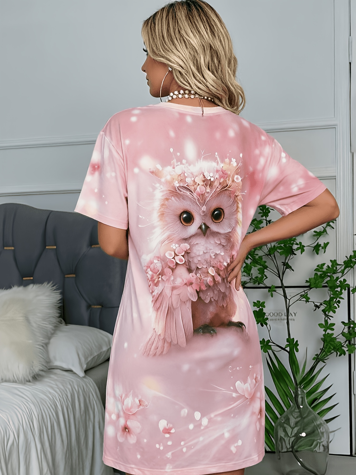 Ladies' Spring And Summer Nightgown T-Shirt Dress **Sakura Owl!** Sweet And Age-Reducing Printed Nightdress Home Wear Dress, "Who Can Refuse to Wear a Sakura Pink Owl! The Whole Picture Is Gentle Sakura Pink, with Cute Owl Prints - Image 3