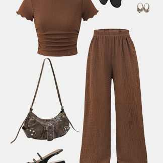 Girls' Spring/Summer Coffee Brown Textured Knit Slim-Fit Crew Neck Top with Side Pleats and Wide-Leg Pants 2pcs Set, Perfect for Outdoor