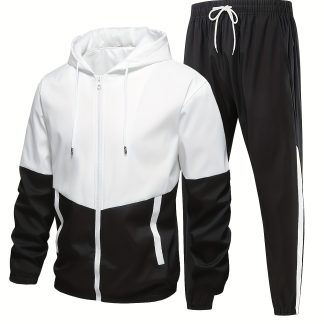 Men'S Casual Athletic Tracksuit Set - Multicolor Block Hooded Jacket And Pants, Polyester Fiber, Machine Washable, All-Season, Athletic Pants, 2pcs, Fashion Trendy