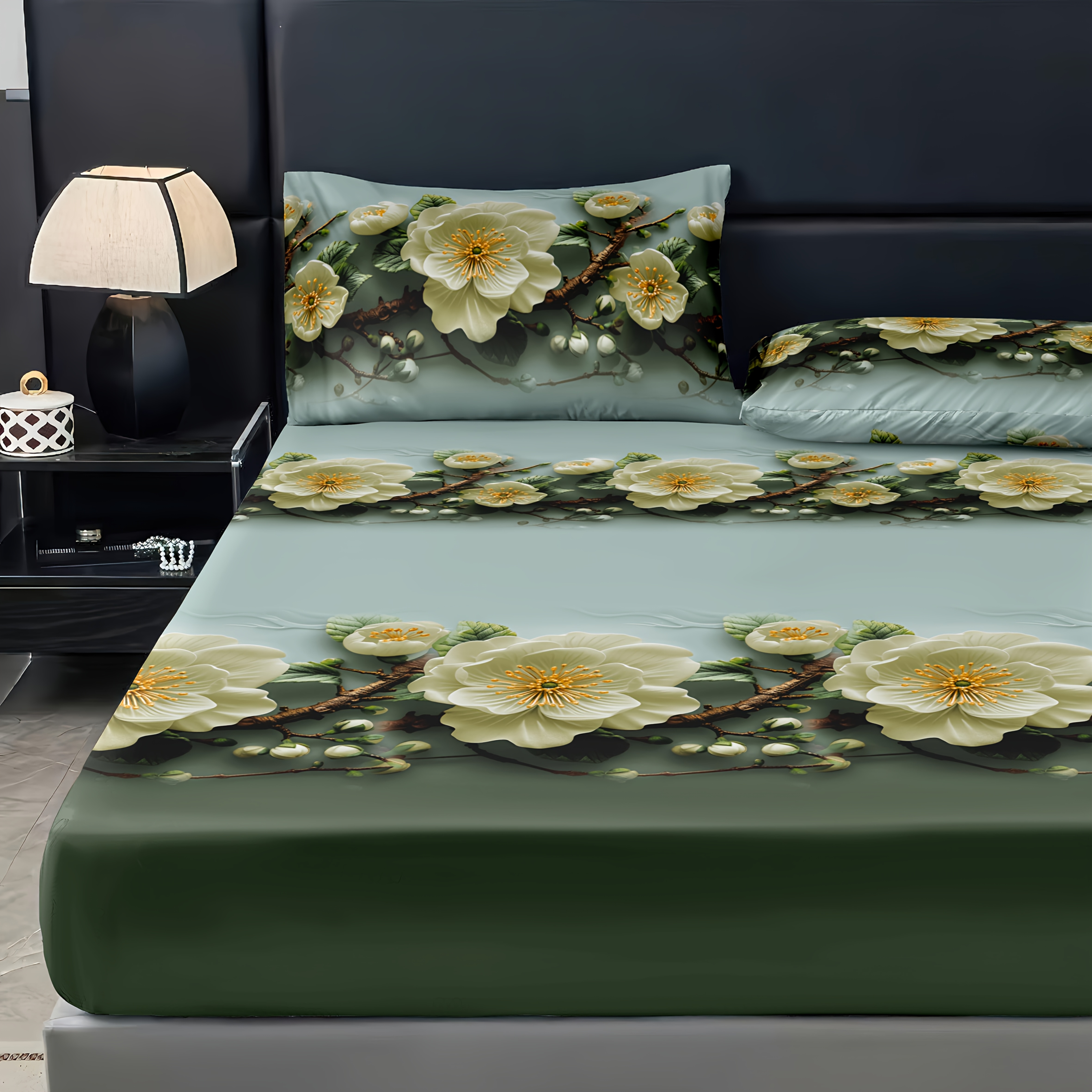 3pcs 3D Floral Print Fitted Sheet Bedding - Comfortable and Soft, Anti-Pilling, Includes Mattress Protector and 2 Pillowcases, No Filler, Suitable for All Seasons, for Home, Hotel, Guesthouse Bedrooms and Living Rooms, Unisex, Single/Double Size