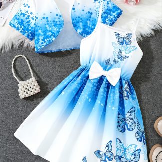 A Summer Casual Dress Set for Girls, Featuring a Stylish Print Short-Sleeve Cardigan And a Trendy Butterfly Print Camisole Dress. This Two-Piece Outfit Makes a Perfect Birthday Or Holiday Gift for Children, for Outdoor