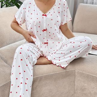 Comfortable Fabric Loungewear with Heart Print, Rolled Cuffs, V-neck, Short Sleeves, and Long Pants, Suitable for Outdoor Wear