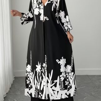 Plus Size - Plus Size - Spring Summer Women'S Casual Elegant V-Neck Long Loose Printed Robe, Slit, Plus Size Dress, Vacation Wear, Beach Outfit, Beach Vacation Skirt, Elegant Plus Size Arabian Style