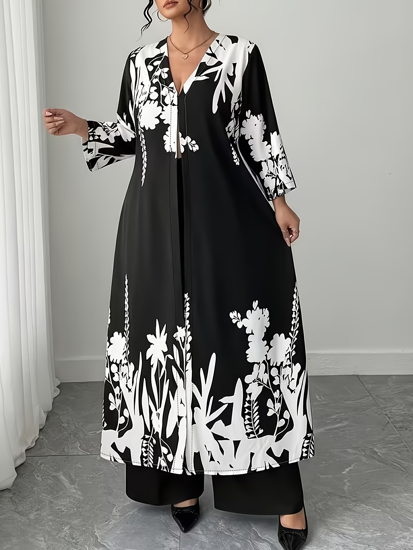 Plus Size - Plus Size - Spring Summer Women'S Casual Elegant V-Neck Long Loose Printed Robe, Slit, Plus Size Dress, Vacation Wear, Beach Outfit, Beach Vacation Skirt, Elegant Plus Size Arabian Style