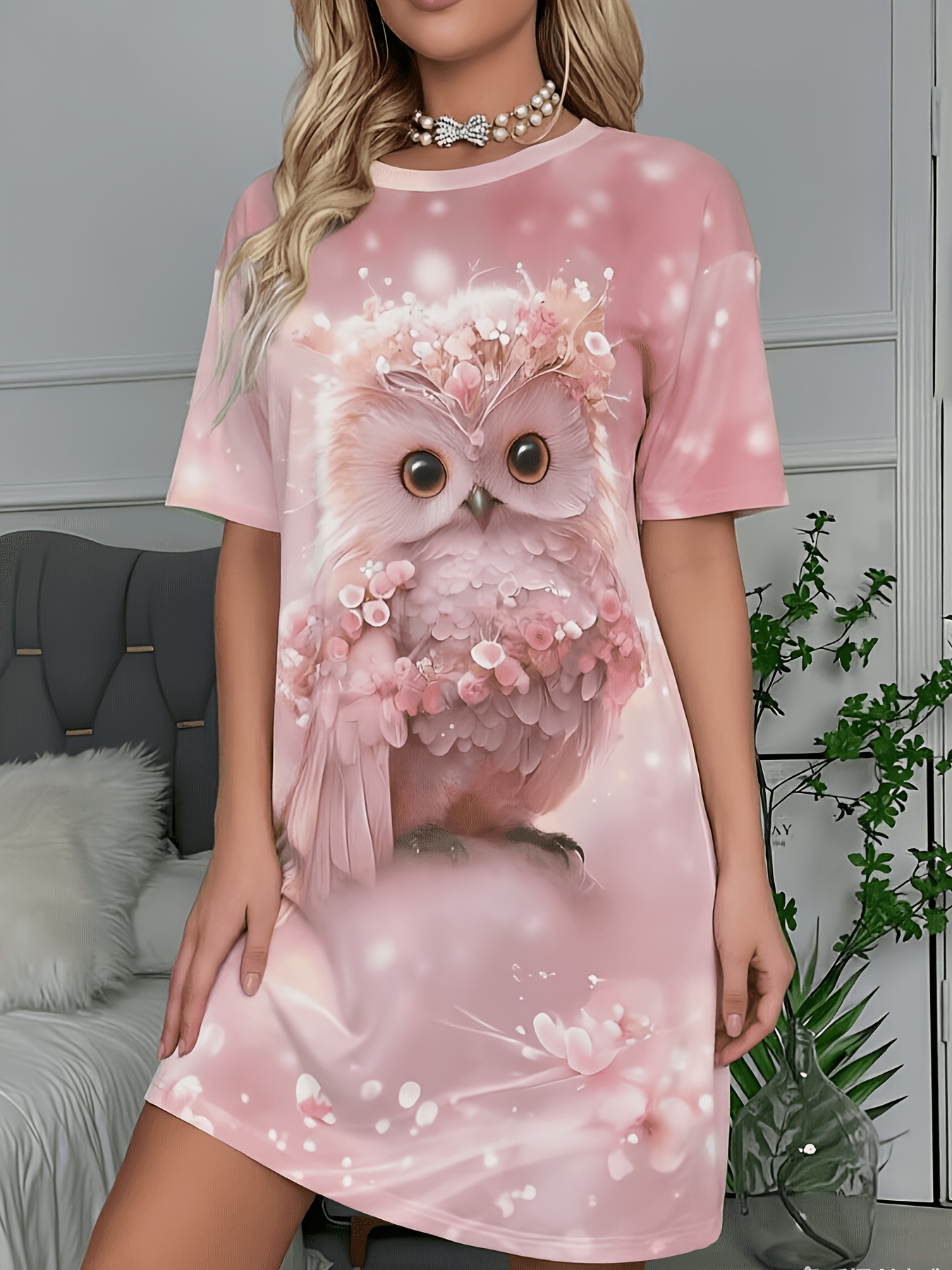Ladies' Spring And Summer Nightgown T-Shirt Dress **Sakura Owl!** Sweet And Age-Reducing Printed Nightdress Home Wear Dress, "Who Can Refuse to Wear a Sakura Pink Owl! The Whole Picture Is Gentle Sakura Pink, with Cute Owl Prints - Image 2