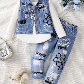 Fashion Trendy Casual Spring/Autumn New Set Girls' Faux Denim Vest Jacket And Solid Round Neck Letter Print Long Sleeve And Faux Denim Casual Long Pants 3pcs Set, for Outdoor