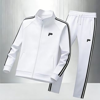 Men's Polyester Stand Collar Zipper Sports Set Simple Printed Side Stripe Loose Casual 2pcs Suit
