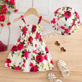 0-3 Years Old Baby Rose Large Flower Print Dress And Cute Hat, Sweet Princess Dress with Halter Neck, Suitable for Outdoor Leisure Vacation