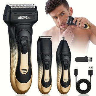 FEIYBA Men's 3-in-1 Electric Shaver & Trimmer Kit with Pop-Up Beard/Body Hair Clipper, Cordless USB- Grooming System, 46-60 Min Runtime, Ear/Nose Hair Trimmer - All-in-One Facial & Hygiene Device for face, body Hair Care