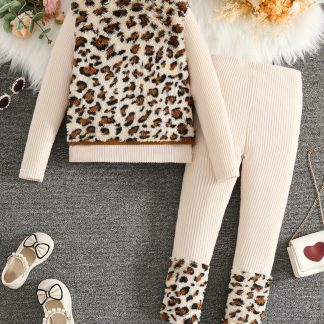 Warm Fleece Winter Outfit for 1-8Y Girls: Leopard Vest Fake 2pcs with Bow + Ribbed Pants | Stylish Toddler Set for Family Outings & Holiday gatherings, Perfect for Outdoor