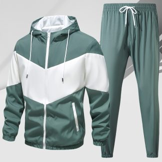 Men'S Casual 2pcs Outfit, Stylish Color Block Zip Up Hooded Jacket, Breathable Solid Color Drawstring Pants