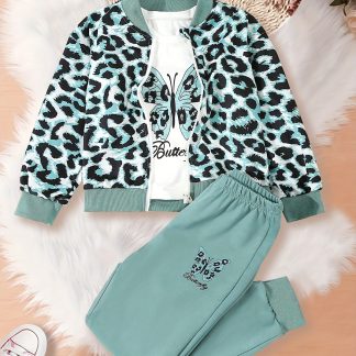 Girls' Fashion Leopard Print Jacket with Butterfly Print Long Sleeve Top & Casual Long Pants 3pcs Set, Suitable for Autumn/Winter, Casual Girls' Fashion Outfit for Autumn/Winter, Perfect for Outdoor