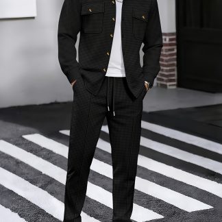 New Men'S Four Seasons Waffle Casual Set Outdoor Versatile High Fashion Men'S Button Open Shirt with Collar, Chest Double Pocket Top, Long Sleeve Coat, Long Pants Set, Two Piece Set