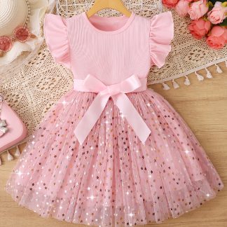 Girl's Spring/Summer Fashionable and Elegant Dress, Ruffle Hem Solid Color Comfortable Flutter Sleeve with Star Sequin Mesh and Belt, Casual Dress Suitable for Outings, Birthday Parties, or as a Gift
