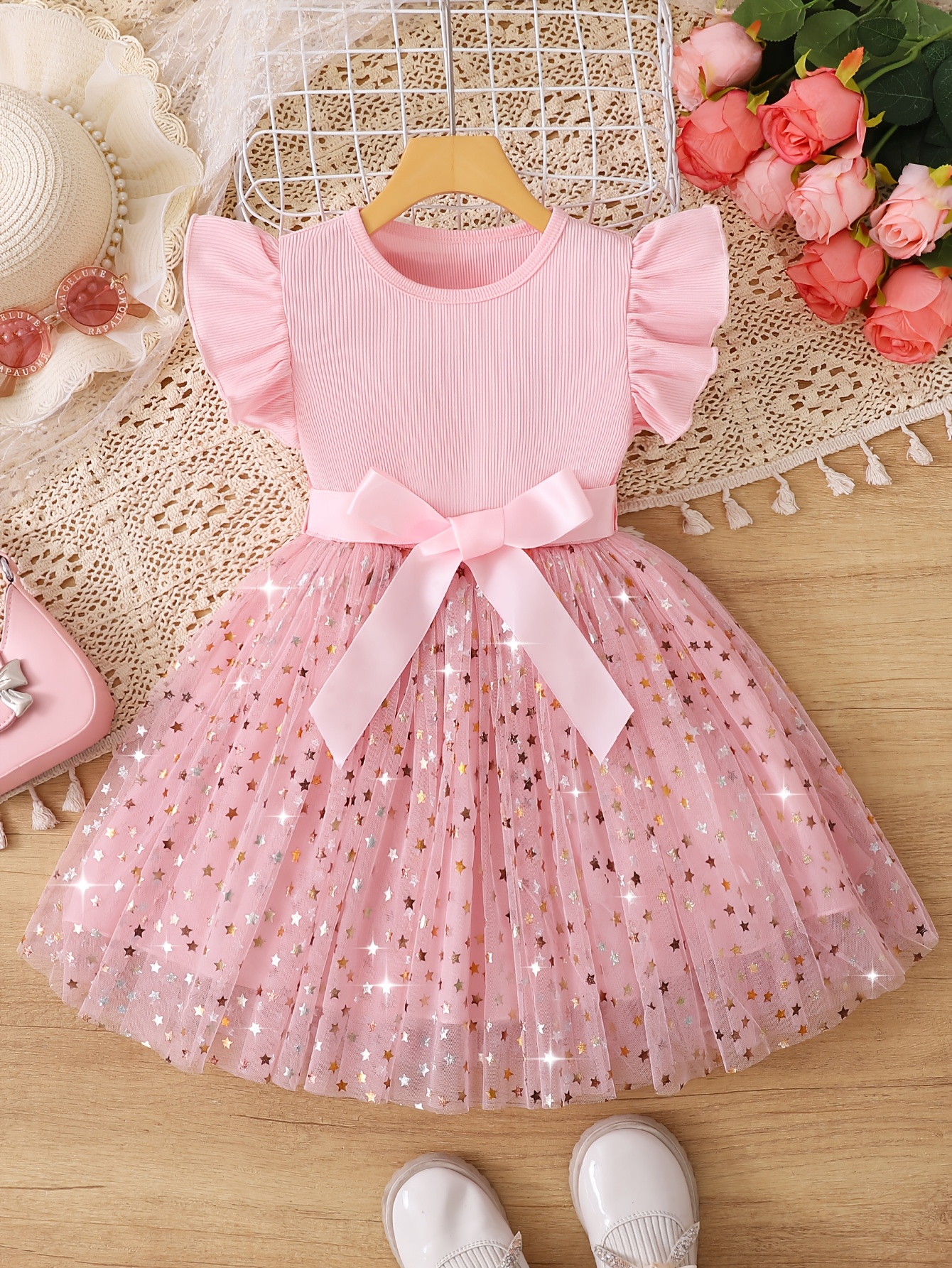 Girl's Spring/Summer Fashionable and Elegant Dress, Ruffle Hem Solid Color Comfortable Flutter Sleeve with Star Sequin Mesh and Belt, Casual Dress Suitable for Outings, Birthday Parties, or as a Gift