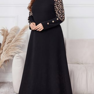 Plus Size, Early Spring New Elegant Plus Size Women's Round Neck Leopard Print Sleeve Flared Waist Long Dress