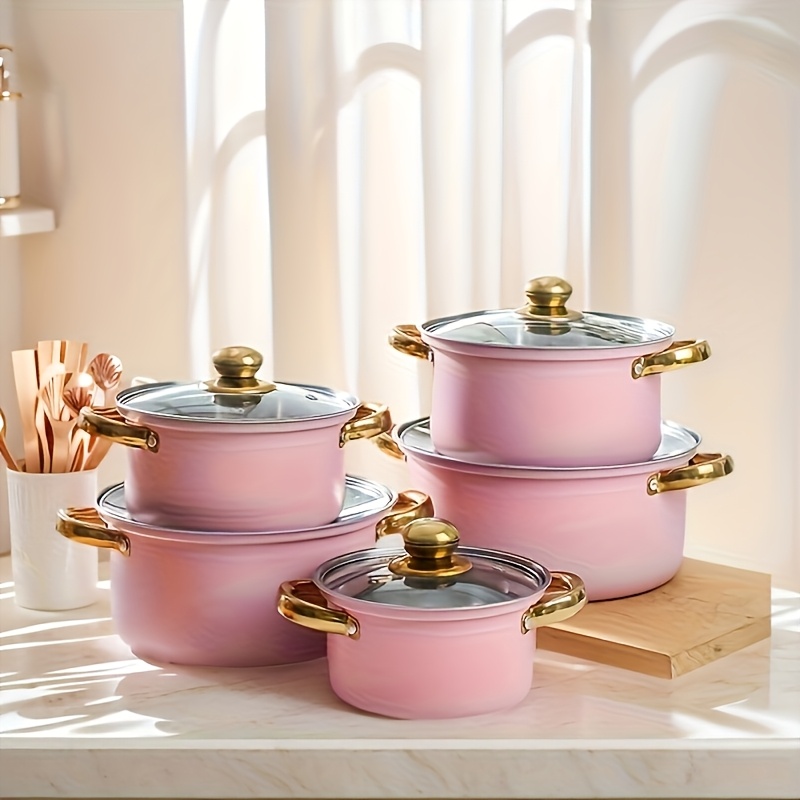 6pcs Cooking Pot Set with 5 Pots and 5 Lids + 1pc Cleaning Cloth, Golden Handles, Suitable for All Stovetops, Non-Stick, Scratch-Resistant, Ideal for Outdoor Camping, Dishwasher Safe - An Ideal Choice for Healthy Cooking, Kitchen Supplies