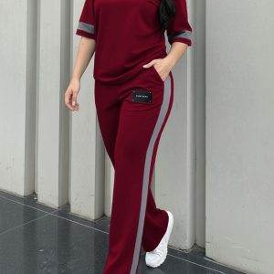 Women's New Elegant Casual Round Neck Short Sleeve Color Block Patchwork Comfortable T-Shirt and Casual Comfortable Long Pants 2pcs Set LLDX