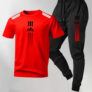 Men's Short-sleeve and Long-pants 2pcs Set, Featuring a Black-to-red Gradient Stripe Print. It Offers a Fresh, Sporty Texture That's Skin-friendly and Breathable, Preventing Sweat Buildup. Suitable for Light Exercise, Daily Commutes, or Relaxing