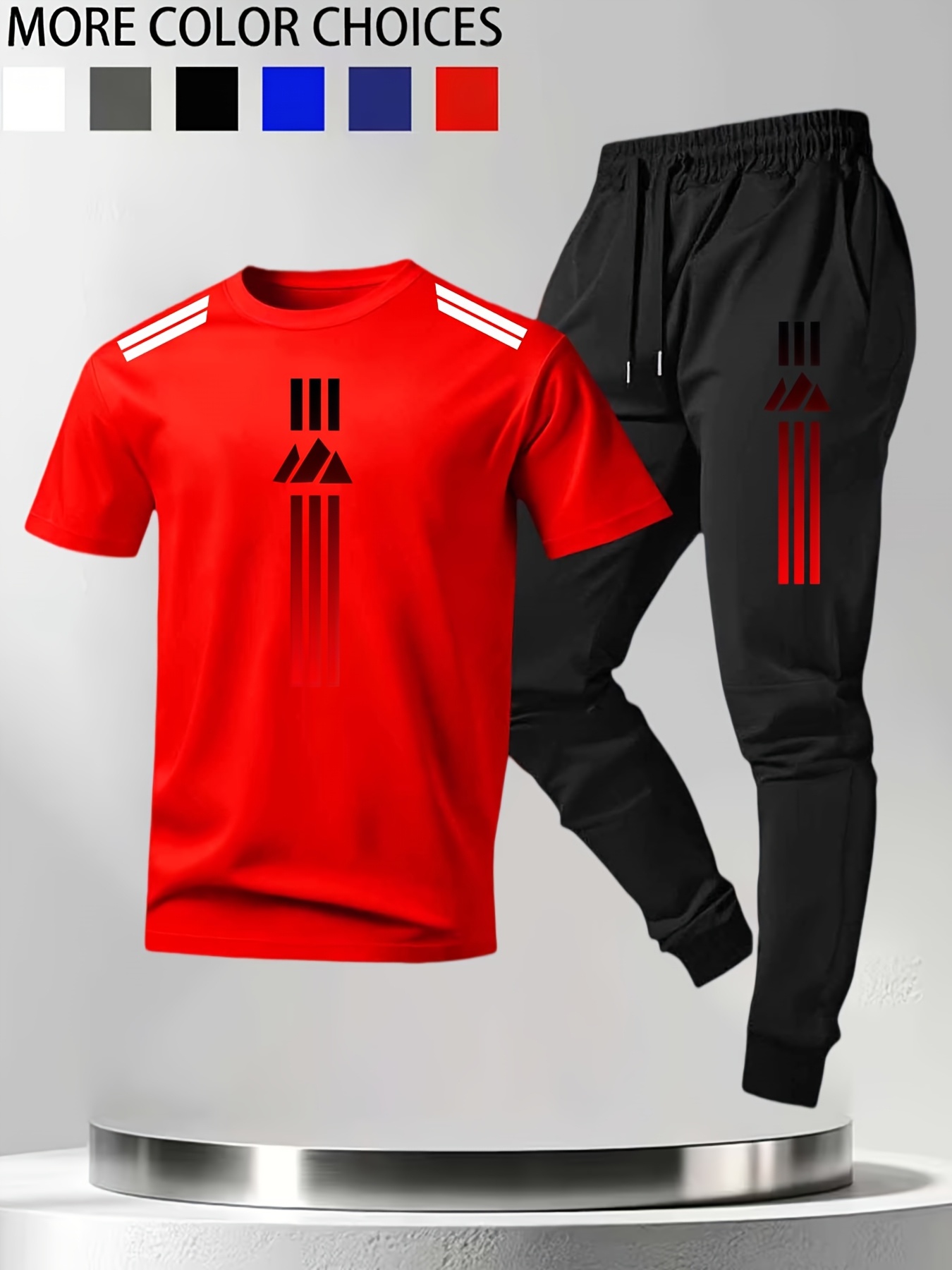 Men's Short-sleeve and Long-pants 2pcs Set, Featuring a Black-to-red Gradient Stripe Print. It Offers a Fresh, Sporty Texture That's Skin-friendly and Breathable, Preventing Sweat Buildup. Suitable for Light Exercise, Daily Commutes, or Relaxing