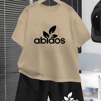 Leaf Letter Design Summer Clothes for Kids Boys Set for Boys Summer Set 2pcs Teenage Casual Outdoor Black And White Easy Sports Track Suit Set 14 to 15, for Outdoor